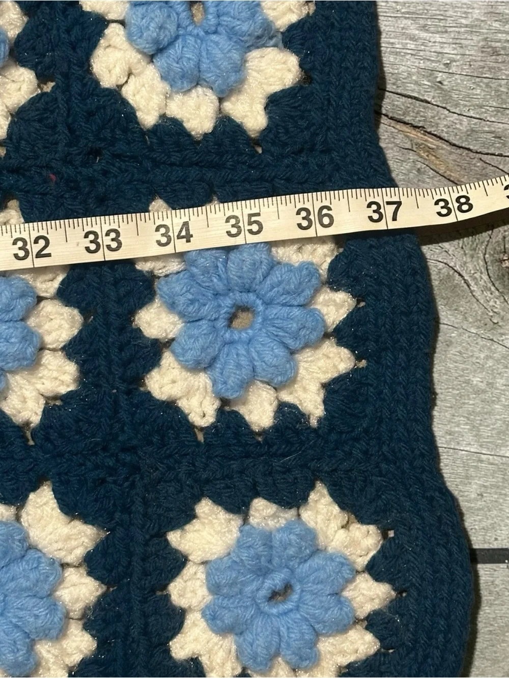 Vintage Crochet Afghan Blanket Navy Blue White Floral Granny Square 40x60